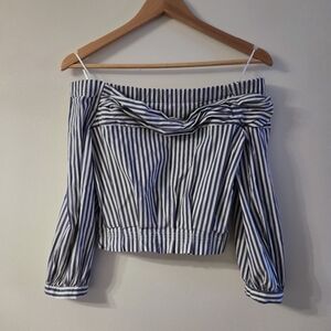 Zara Blue and White Off-Shoulder Blouse